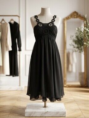 Runway Paris Black Boho Crochet Neckline Babydoll Mini Dress - Size Small
